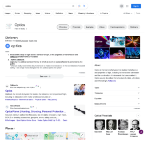 Screenshot of Google search for "optics" showing the knowledge card on the right and search results on the left
